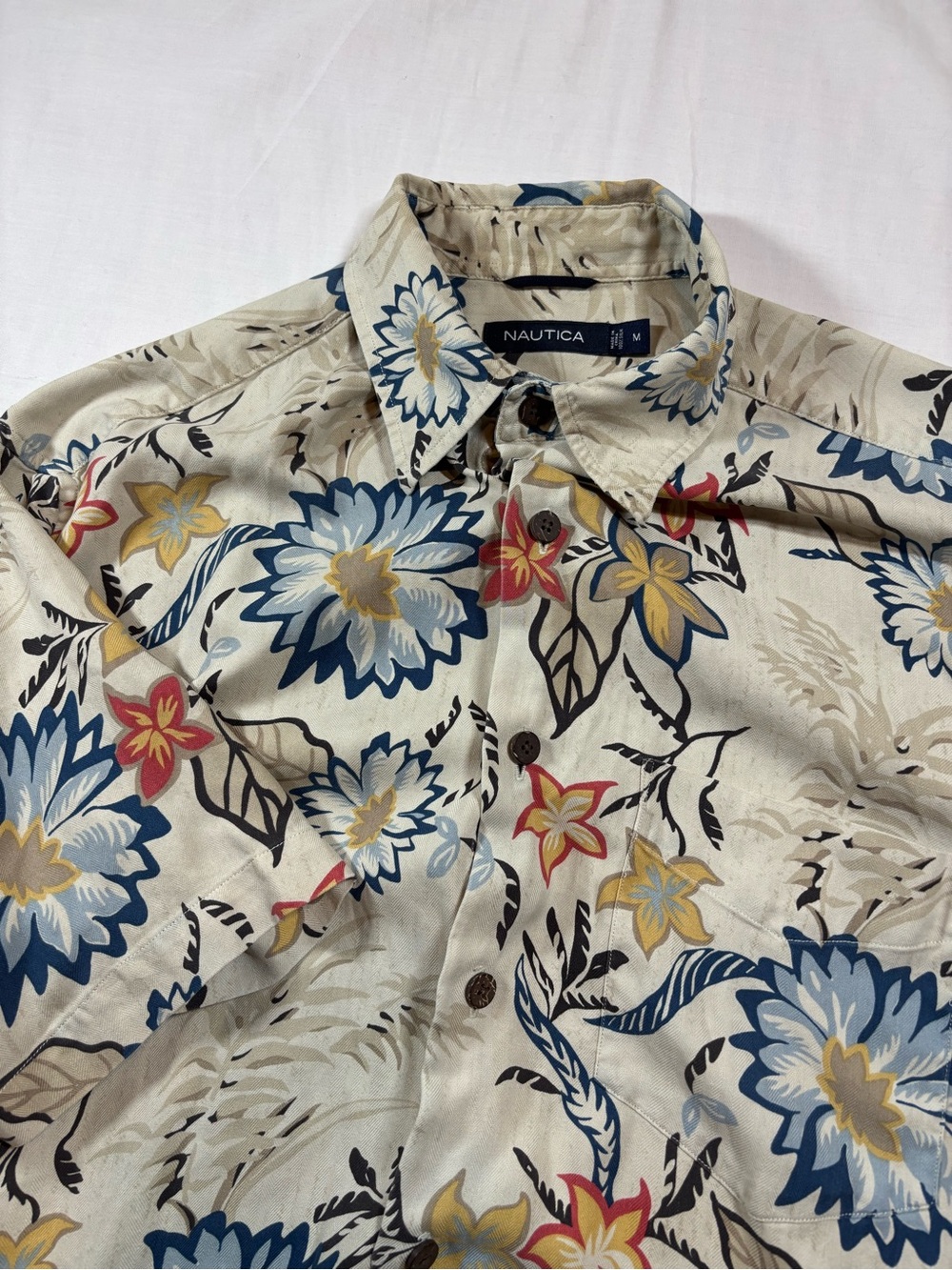 Nautica Beige Floral Short-Sleeve Button-Up Shirt with Blue & Yellow Flowers